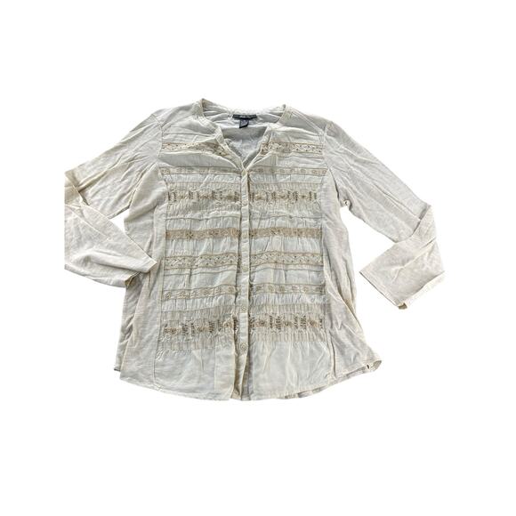 Style & Co Ivory Tan Embroidered Button Down Long Sleeve Top Women's Size XL - Picture 1 of 6